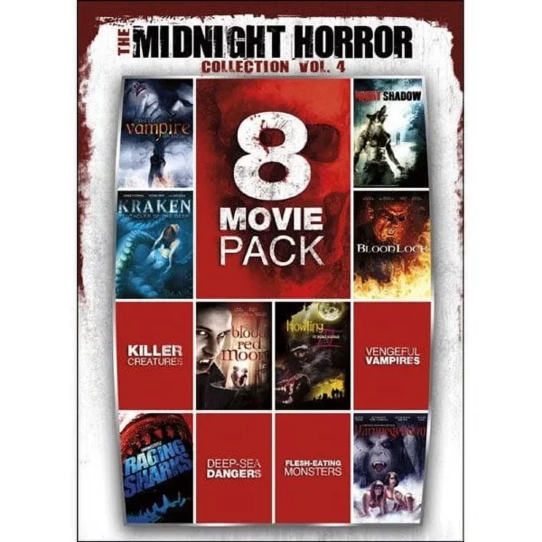 Midnight Horror Collection Vol 4 8 Movie Pack Vampire, Kraken, Killer Creature, Raging Sharks, Bleed Red Moon, Deep Sea Dangers, Flesh Eating Monsters, Howling IV, Night Shadow, Blood Lock Vengeful Vampires, Vampiregeddon DVD